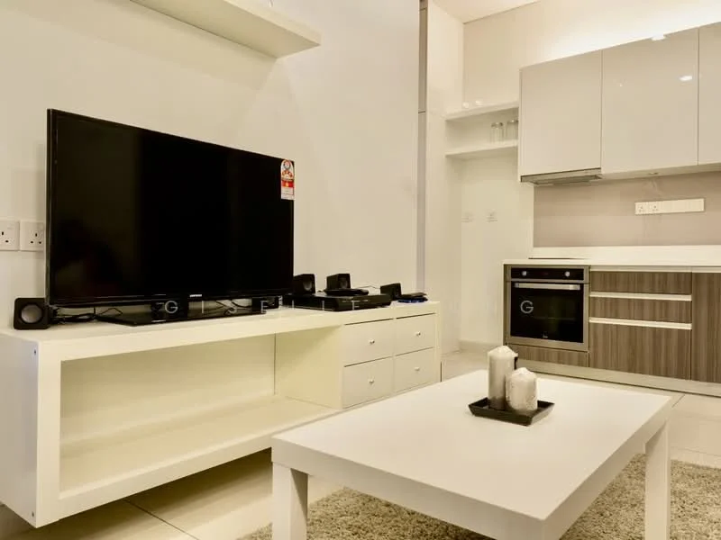 Living features: white TV console, black flat-screen TV, sound system speakers, white coffee table, decorative candles, light-colored area rug, wall-mounted cabinetry, built-in oven, grey cabinetry, white countertop, recessed lighting; style: modern.