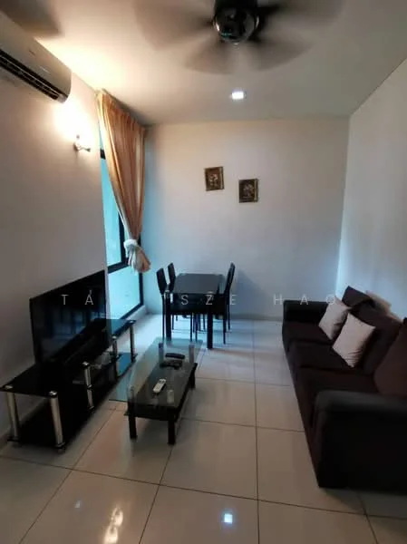 Living features: 3-seater fabric sofa in dark brown, 2-seater fabric sofa in dark brown, glass coffee table, TV console, wall-mounted TV, floor-to-ceiling windows, sheer curtains, ceiling fan, recessed downlights, white painted walls, glossy tile flooring, dining table with 4 black chairs; style: modern.