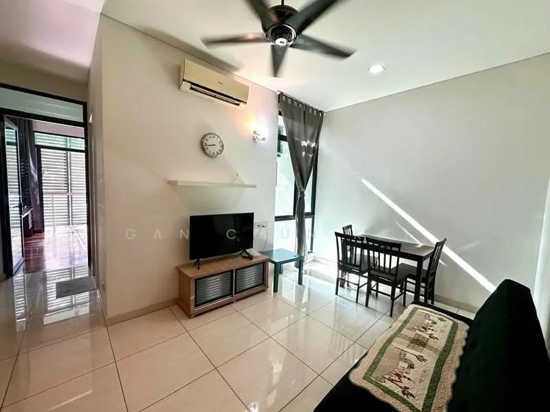 Living features: white painted walls, glossy tile flooring, 5-blade ceiling fan with light, wall-mounted TV, TV console, black fabric sofa, dining table for four, decorative wall clock, large windows with sheer curtains, air conditioning unit; style: modern.