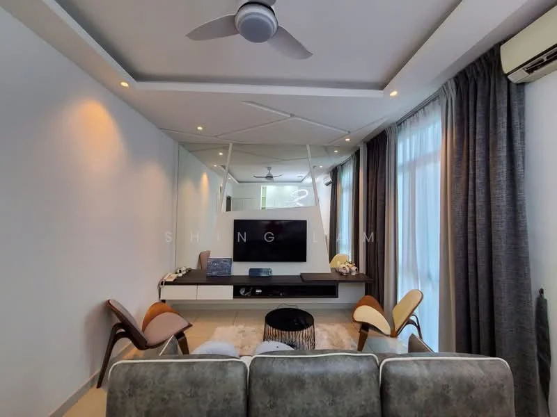 Living features: grey upholstered sofa, 2 wooden accent chairs, coffee table, wall-mounted TV, TV console with storage, recessed downlights, 5-blade ceiling fan, floor-to-ceiling windows, sheer curtains, decorative mirror, light-colored area rug, textured wall paneling; style: modern.