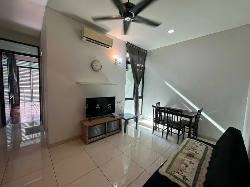 Living features: white painted walls, glossy tile flooring, 5-blade ceiling fan with light, wall-mounted air conditioning unit, wall clock, TV console, sofa, dining table with chairs, large windows with sheer curtains, decorative wall shelf; style: modern.