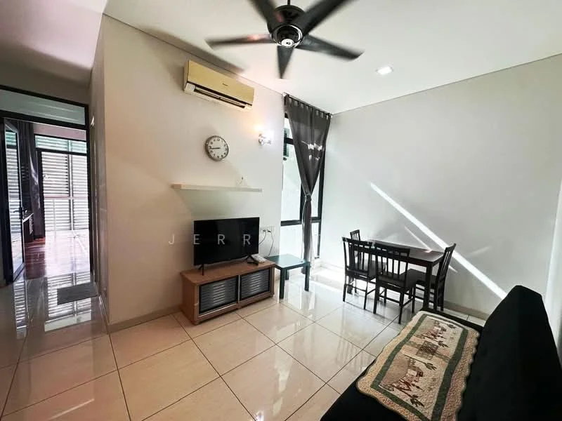 Living features: black fabric sofa, 3-blade ceiling fan, wall-mounted TV, TV console, cream painted walls, glossy tile flooring, large windows with sheer curtains, dining table with chairs, clock on wall, decorative wall shelf; style: modern.