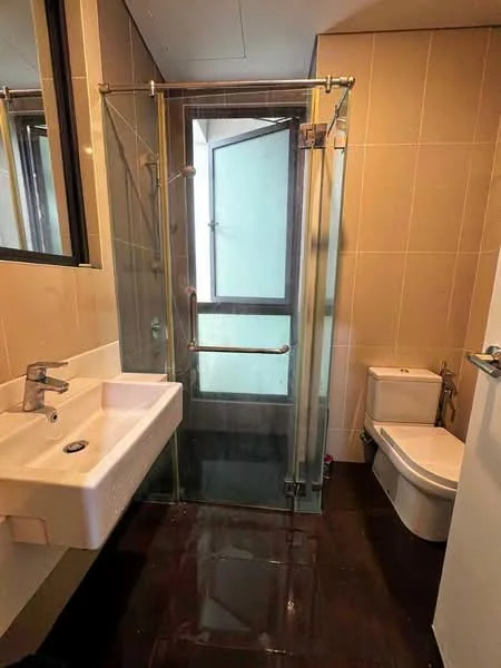 Bathroom features: glass shower enclosure, rain shower head, single-sink vanity with white countertop, chrome basin mixer faucet, wall-mounted toilet, large mirror, tile cladding on walls, dark tile flooring; style: modern.