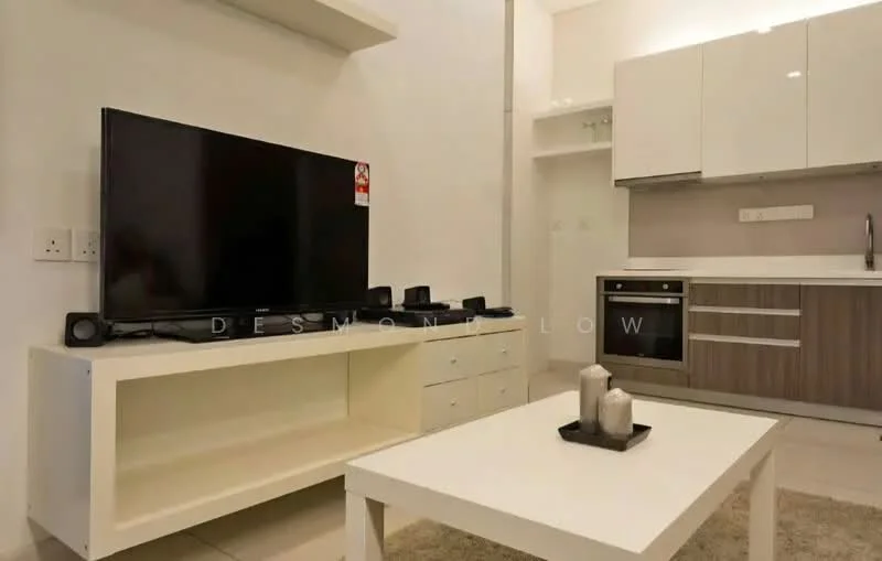 Living features: white wall, cream tiled flooring, wall-mounted TV, TV console in white, black speakers, coffee table with black tray, decorative candles, built-in cabinetry, kitchenette with upper and lower cabinets, stainless-steel built-in oven, stainless-steel range hood, countertop with backsplash; style: modern.