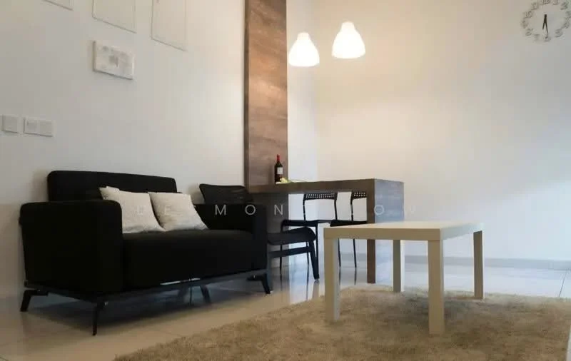 Living features: black fabric sofa, white coffee table, area rug, wooden dining table, black dining chairs, pendant lighting, white painted walls, tile flooring, wall clock; style: modern.