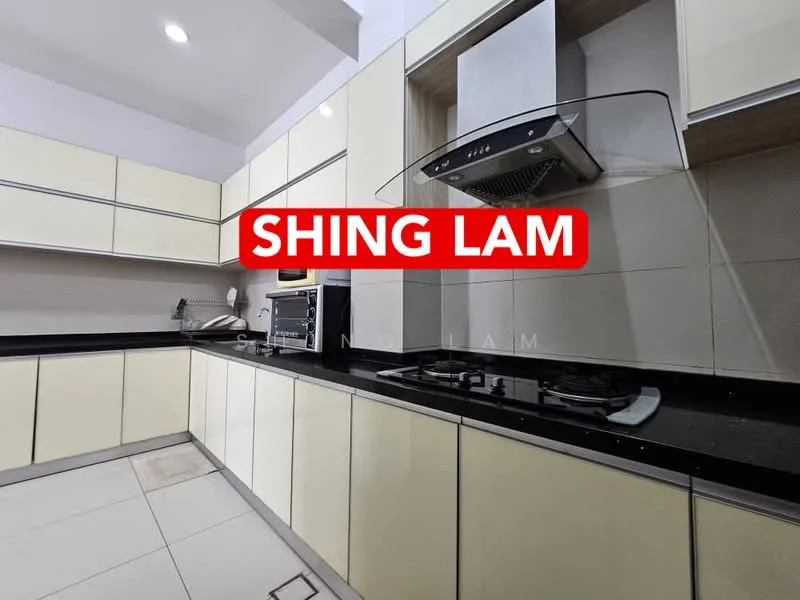 Kitchen features: cream cabinetry, black granite countertop, built-in gas hob, stainless-steel range hood, built-in oven, ceramic tile flooring, wall-mounted microwave, double-bowl stainless-steel sink; style: modern.