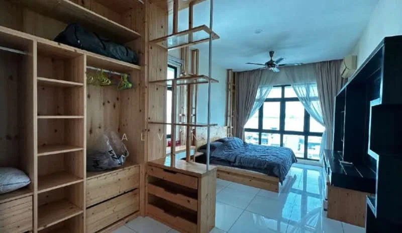 Bedroom features: wooden shelving unit, built-in wardrobe, queen-size bed with grey bedding, ceiling fan, floor-to-ceiling windows, white tiled flooring, curtains, TV console, decorative wall paneling; style: modern; view: city.