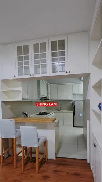 Kitchen features: white cabinetry with glass-front upper cabinets, wooden countertop, stainless-steel sink, chrome pull-down faucet, built-in gas hob, built-in oven, stainless-steel refrigerator, white tiled backsplash, ceramic tile flooring, recessed downlights, bar seating with two stools; style: modern.