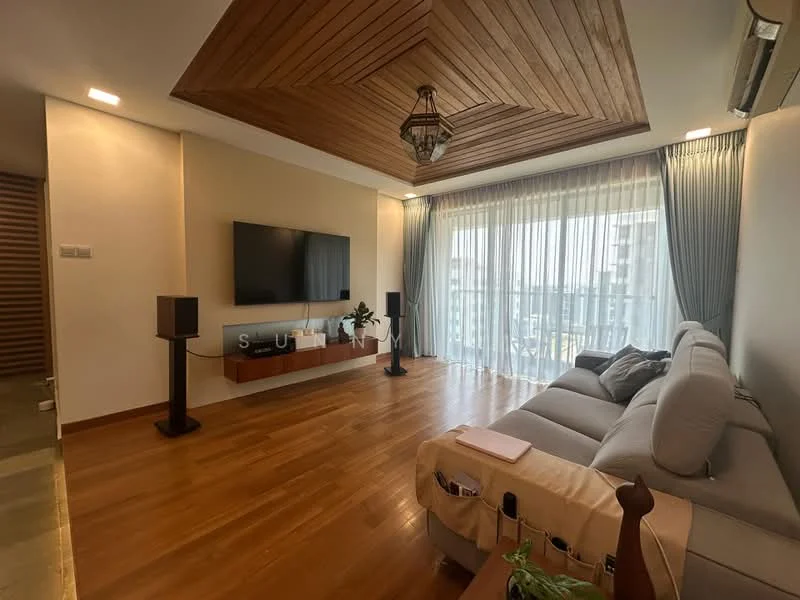 Living features: wooden flooring, tray ceiling with wood paneling, recessed downlights, wall-mounted TV, floating TV console, floor-to-ceiling windows, sheer curtains, sofa in light grey fabric, decorative plants, side tables, air conditioning unit; style: modern; view: city.
