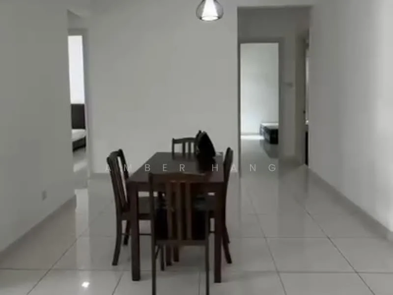 Dining features: dining table with 4 chairs, white painted walls, glossy ceramic tile flooring, pendant light, open layout, doorway leading to another room, natural light from adjacent room; style: modern.