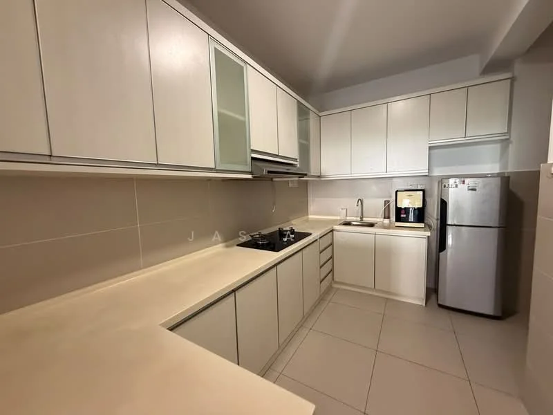 Kitchen features: white cabinetry, laminate countertop, stainless-steel sink, chrome pull-down faucet, built-in gas hob, built-in oven, stainless-steel fridge, ceramic tile flooring, white tiled backsplash, under-cabinet lighting, drawer storage, open shelving; style: modern.