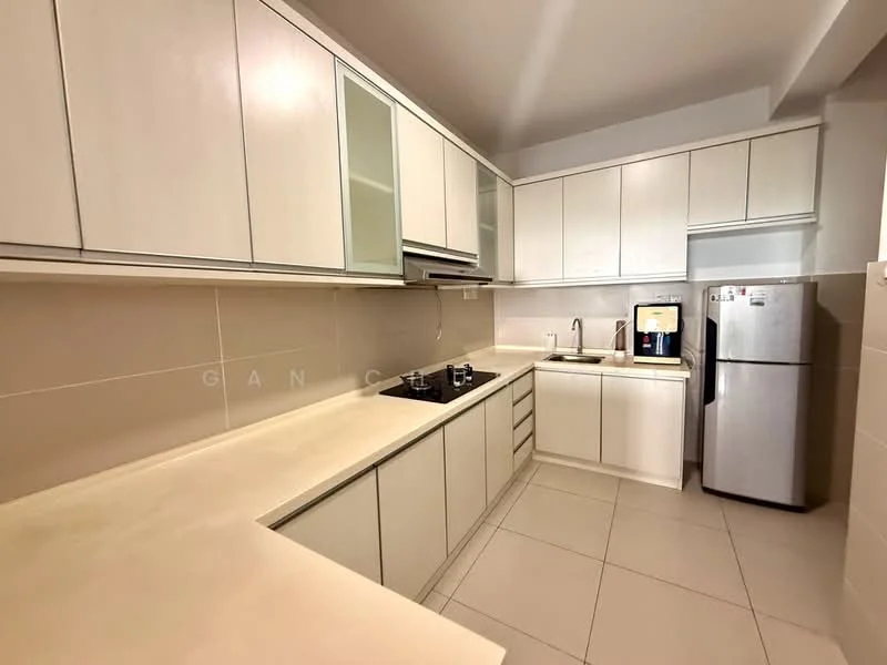 Kitchen features: white cabinetry, stainless-steel fridge, built-in oven, 4-burner gas hob, single-bowl stainless-steel sink, chrome pull-down faucet, white countertop, cream tiled backsplash, ceramic tile flooring, recessed downlights, wall-mounted cabinets, open shelving; style: modern.