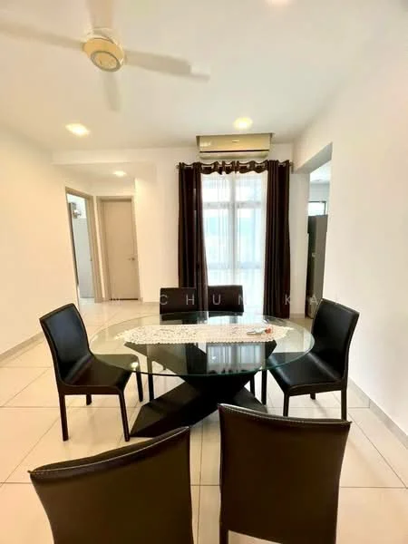 Dining features: round glass dining table, 4 black leather dining chairs, white tiled flooring, ceiling fan, recessed downlights, floor-to-ceiling windows, brown curtains, air conditioning unit; style: modern.
