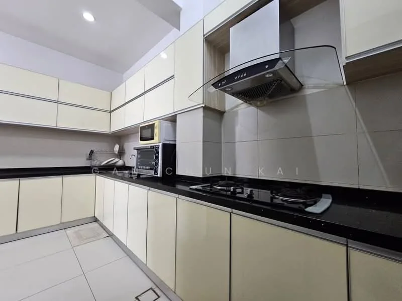 Kitchen features: cream cabinetry, black granite countertop, stainless-steel range hood, built-in gas hob, microwave, oven, double-bowl stainless-steel sink, ceramic tile flooring, recessed downlights, wall-mounted cabinets, open shelving; style: modern.