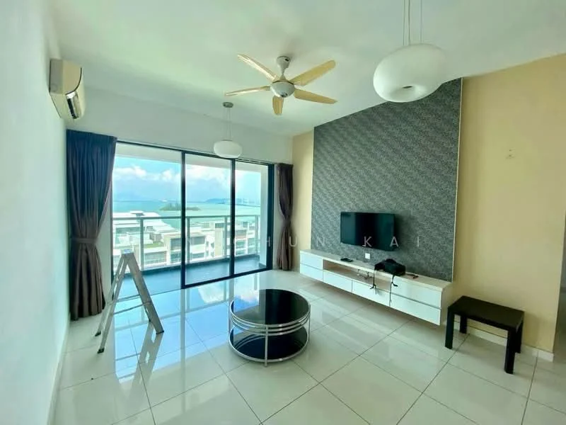 Living features: white painted walls, grey accent wall, glossy tile flooring, 5-blade ceiling fan with light, recessed downlights, floor-to-ceiling windows, sliding glass door, black coffee table, white TV console, wall-mounted TV, black stool, curtains, view of the sea; style: modern; view: sea.