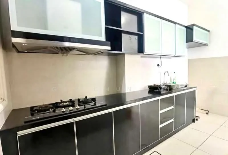 Kitchen features: black laminate cabinetry, glass-front upper cabinets, stainless-steel range hood, 4-burner gas hob, black countertop, white tiled backsplash, white tiled walls, ceramic tile flooring, built-in oven, sink, kitchen cart on wheels; style: modern.
