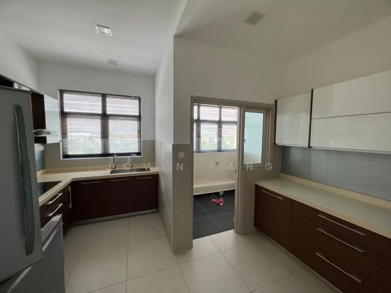 Kitchen features: L-shaped kitchen layout, brown wooden cabinetry, white upper cabinets, light-colored countertop, stainless-steel fridge, built-in oven, double-bowl stainless-steel sink, chrome pull-down faucet, tile flooring, large windows for natural light, neutral wall color, open space to adjacent room; style: modern.