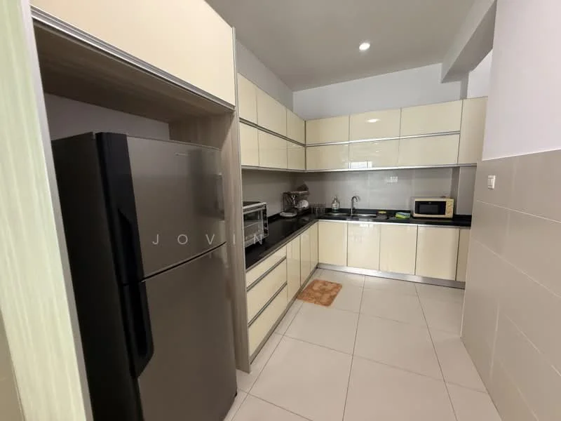 Kitchen features: cream cabinetry with flat-panel doors, black countertop, stainless-steel fridge, built-in microwave, freestanding oven, single-bowl stainless-steel sink, chrome pull-down faucet, tile flooring, recessed downlights, kitchen rug; style: modern.
