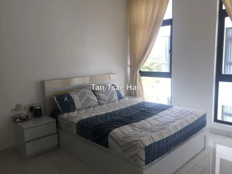 Bedroom features: queen-size bed with patterned bedding, upholstered headboard, 2 bedside tables, lamps on bedside tables, floor-to-ceiling windows, sheer curtains, white painted walls, glossy tile flooring; style: modern; view: city.