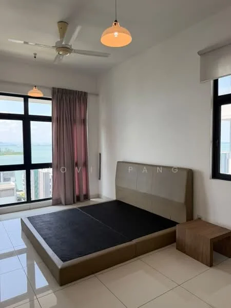 Bedroom features: floor-to-ceiling windows, sea view, light-colored walls, white ceiling, 2 pendant lights, ceiling fan, laminate flooring, queen-size bed frame without mattress, wooden bedside table, curtains in light pink, black bed base; style: modern; view: sea.
