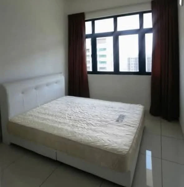 Bedroom features: queen-size bed, upholstered headboard, floor-to-ceiling windows, white walls, brown curtains, glossy tile flooring, natural light, minimalist decor; style: modern; view: city.