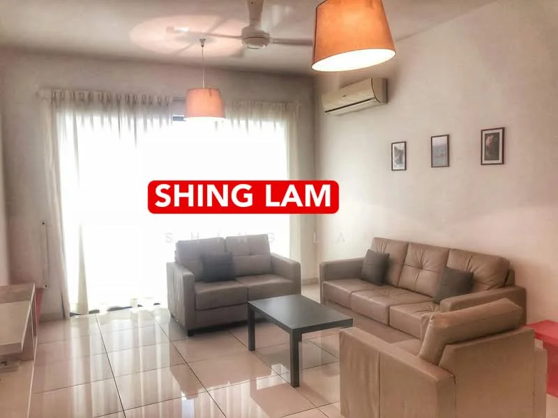 Living features: 2 beige leather sofas, black coffee table, white walls, glossy tile flooring, 5-blade ceiling fan with light, air conditioning unit, floor-to-ceiling windows with sheer curtains, framed artwork on walls, light fixtures with lampshades; style: modern.
