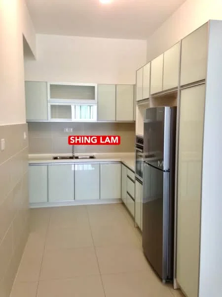 Kitchen features: light green cabinetry, white countertop, stainless-steel fridge, built-in oven, double-bowl stainless-steel sink, chrome pull-down faucet, ceramic tile flooring, wall-mounted cabinets, open shelving, backsplash with light tiles, recessed downlights; style: modern.