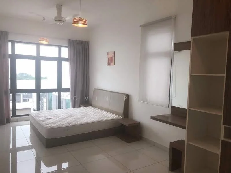 Bedroom features: king-size bed frame, mattress, floor-to-ceiling windows, curtains, ceiling fan, two pendant lights, wooden bedside table, built-in wardrobe, mirror on dresser, white painted walls, glossy tile flooring; style: modern; view: sea.