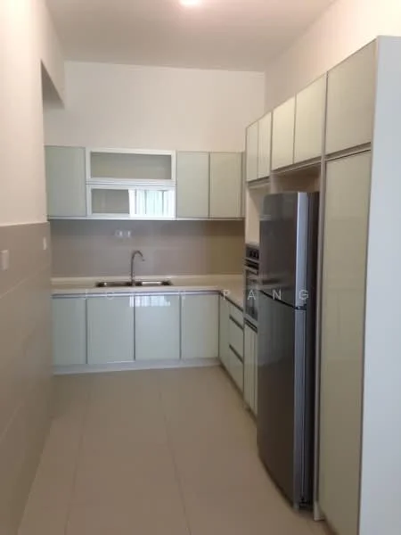 Kitchen features: light green cabinetry, white countertop, stainless-steel fridge, built-in oven, 4-burner gas hob, single-bowl stainless-steel sink, chrome pull-down faucet, ceramic tile flooring, white painted walls, glass upper cabinets, recessed downlights; style: modern.