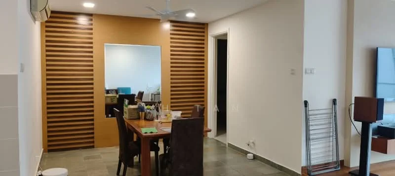 Dining features: wooden dining table, 4 upholstered dining chairs, decorative wall with wooden slats, mirror on wall, recessed downlights, slate tile flooring, air conditioning unit, open layout to adjacent room; style: modern. Room features: white painted walls, doorway leading to another room, sliding door, flooring continues from dining area.