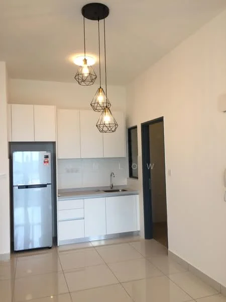 Kitchen features: white cabinetry, stainless-steel fridge, stainless-steel sink, chrome pull-down faucet, white tiled backsplash, marble countertop, pendant lighting with geometric design, ceramic tile flooring, wall-mounted cabinets, open shelving, window with black frame; style: modern.