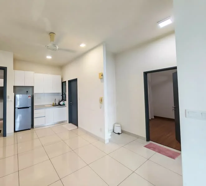 Kitchen features: white cabinetry, stainless-steel fridge, built-in oven, 4-burner gas hob, white countertop, ceramic tile flooring, recessed LED downlights, ceiling fan, open layout; style: modern. Room features: white painted walls, tile flooring, doorway leading to another room, light switch, telephone intercom.