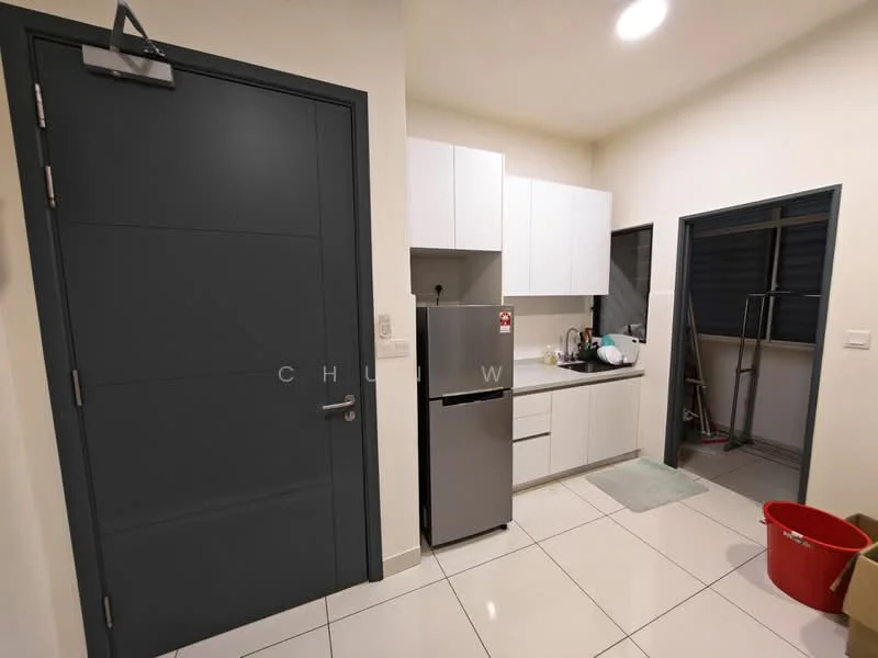 Kitchen features: white cabinetry, stainless-steel fridge, white countertop, ceramic tile flooring, single-bowl stainless-steel sink, chrome pull-down faucet, built-in oven, microwave, wall-mounted cabinets, window with blinds, recessed downlights; style: modern.