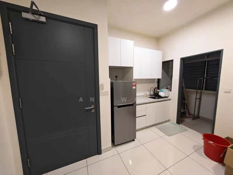 Kitchen features: white cabinetry, stainless-steel fridge, built-in oven, ceramic tile flooring, grey countertop, single-bowl stainless-steel sink, chrome pull-down faucet, wall-mounted cabinets, window with blinds, recessed downlights; style: modern.