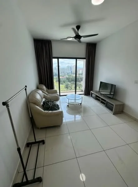Living features: 2-seater cream leather sofa, glass coffee table, TV console with storage, wall-mounted TV, floor-to-ceiling windows, curtains, white painted walls, polished tile flooring, ceiling fan with light; style: modern; view: city.