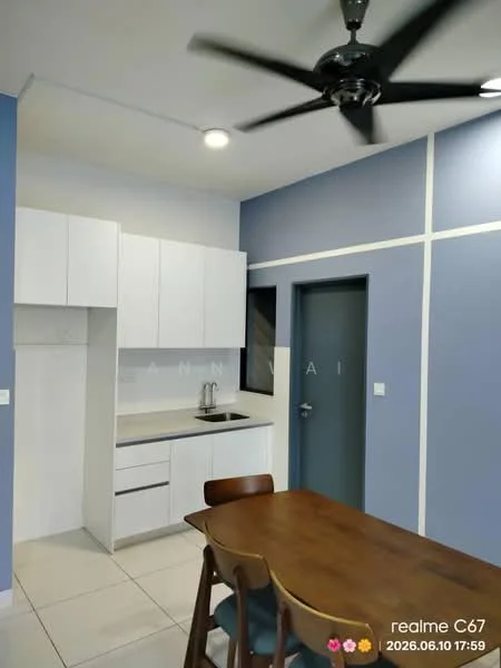 Kitchen features: white cabinetry, single-bowl stainless-steel sink, chrome pull-down faucet, white countertop, tile backsplash, stainless-steel appliances, ceiling fan, light fixture, grey painted walls, white tiled flooring; style: modern. Dining features: wooden dining table, four wooden dining chairs; style: modern.