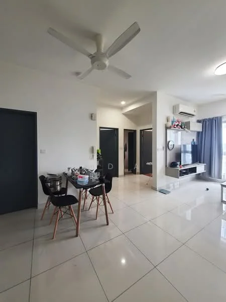 Dining features: dining table with four black chairs, white walls, polished ceramic tile flooring, ceiling fan, wall-mounted TV, light-colored curtains, open layout to living area, air conditioning unit; style: modern. Room features: white walls, polished ceramic tile flooring, doorways leading to other rooms, light fixture in ceiling.
