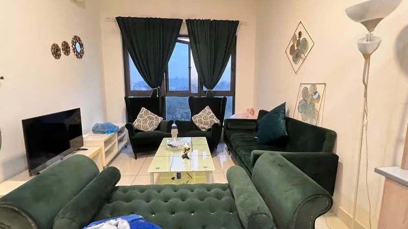 Living features: green velvet sofa, 2-seater green velvet sofa, 3-seater green velvet sofa, glass coffee table, wall-mounted TV, floor lamp, large windows with city view, curtains in dark green, decorative wall art, throw pillows in various patterns; style: modern; view: city.