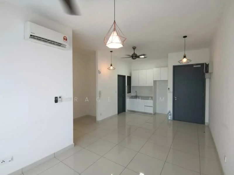 Living features: white painted walls, glossy ceramic tile flooring, 5-blade ceiling fan with light, recessed LED downlights, pendant light, wall-mounted split AC, open kitchen layout, kitchen cabinetry with white finish, grey door, kitchen countertop, water bottle visible; style: modern.