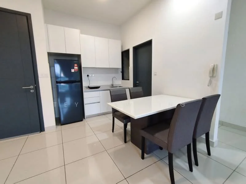 Kitchen features: white cabinetry, black refrigerator, single-bowl stainless-steel sink, chrome pull-down faucet, white countertop, ceramic tile flooring, wall-mounted cabinets, dining table with four chairs, built-in oven, two-door cabinet, light-colored walls, recessed lighting; style: modern.