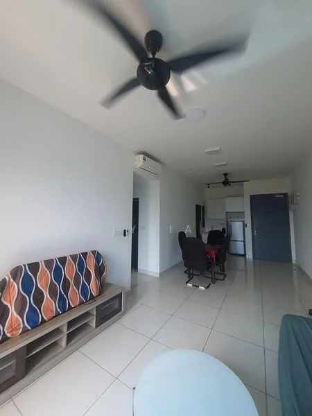 Living features: 5-blade ceiling fan, wall-mounted air conditioning unit, white painted walls, glossy tile flooring, sofa with colorful patterned upholstery, coffee table, dining table with chairs, open layout, refrigerator visible in background; style: modern.