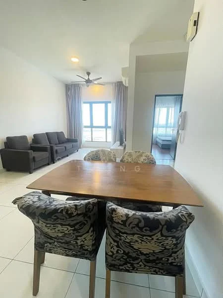 Dining features: wooden dining table, 4 upholstered dining chairs with patterned fabric, floor-to-ceiling windows, grey fabric sofa, recessed downlights, white painted walls, tile flooring, ceiling fan; style: modern; view: city. Living features: grey fabric sofa, tile flooring, white painted walls, recessed downlights, floor-to-ceiling windows; style: modern; view: city.