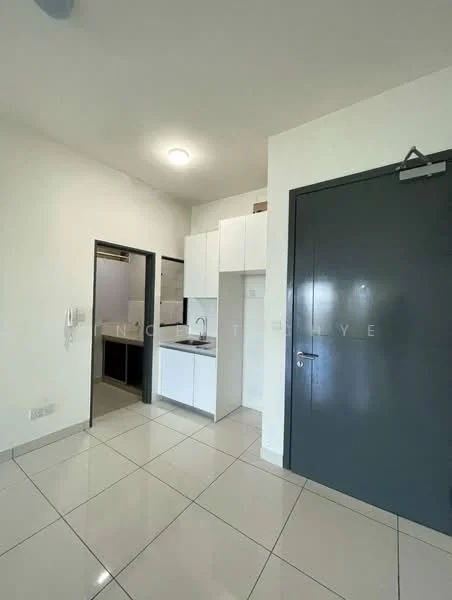 Kitchen features: white cabinetry, single-bowl stainless-steel sink, chrome pull-down faucet, ceramic tile flooring, recessed downlights, built-in oven, freestanding range oven, microwave, wall-mounted intercom, open shelving; style: modern. Room features: white painted walls, grey door, tile flooring, light fixture.
