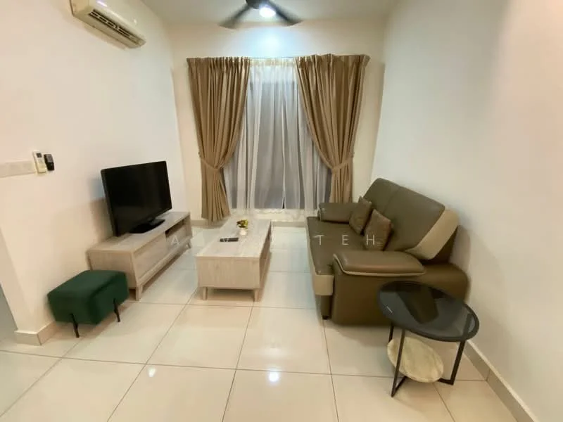 Living features: 3-seater fabric sofa in olive green, coffee table with light wood finish, TV console in light wood finish, wall-mounted TV, floor-to-ceiling windows with sheer curtains, cream painted walls, glossy tile flooring, ceiling fan with light, decorative wall art, green upholstered stool; style: modern.