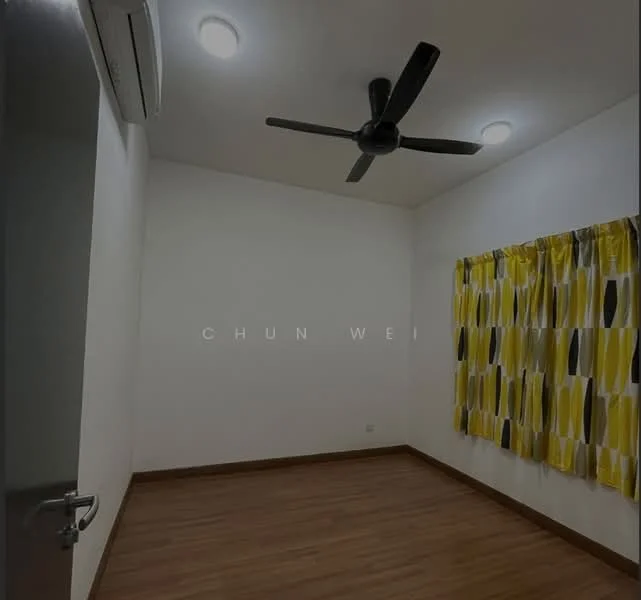 Room features: white painted walls, wooden flooring, 5-blade ceiling fan, recessed downlights, curtains with yellow and black pattern, air conditioning unit.