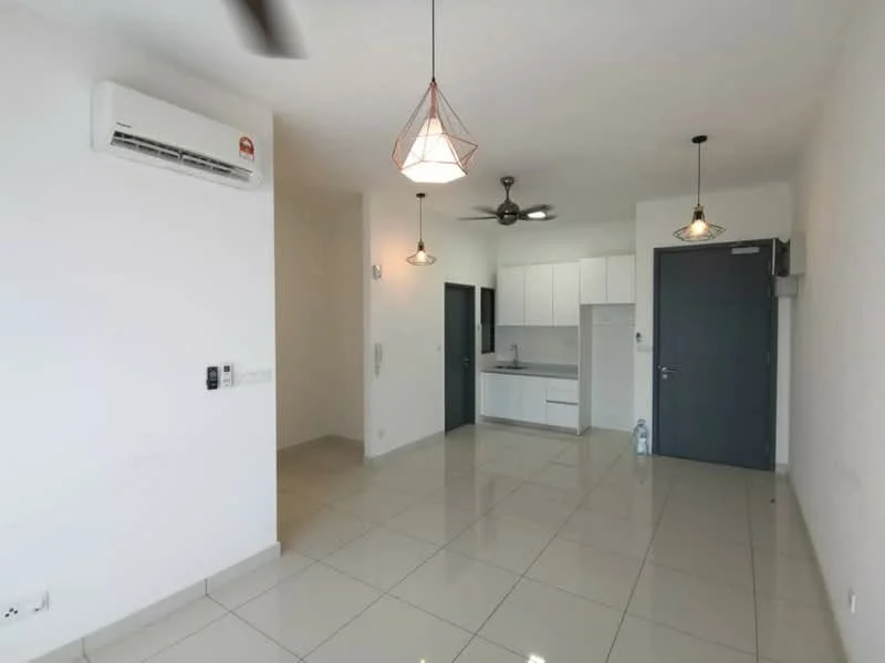 Living features: white painted walls, glossy ceramic tile flooring, 5-blade ceiling fan with light, 2 pendant lamps, wall-mounted split AC, open kitchen layout, grey kitchen cabinetry, stainless-steel sink, refrigerator, kitchen countertop, door leading to kitchen, door leading to hallway; style: modern.