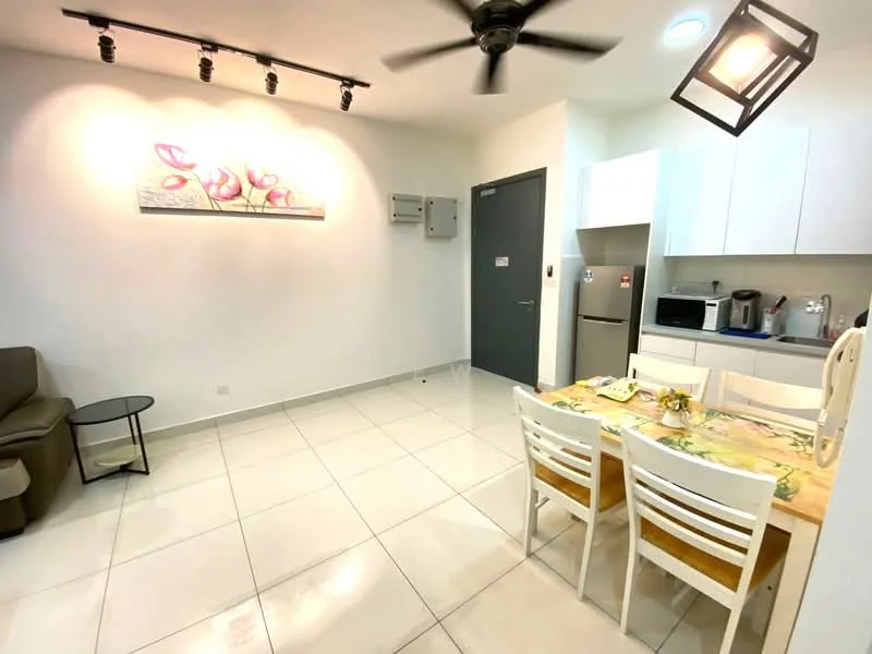 Living features: white painted walls, glossy ceramic tile flooring, 5-blade ceiling fan with light, track lighting, sofa in beige, coffee table, dining table with 4 chairs, framed artwork on wall, kitchenette with stainless-steel fridge, built-in cabinets, microwave, toaster; style: modern.