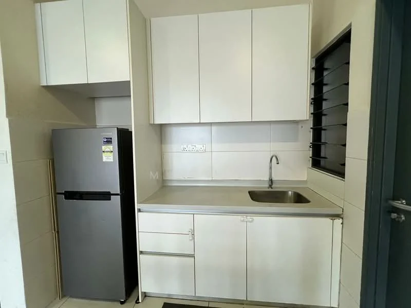 Kitchen features: white cabinetry, stainless-steel sink, chrome faucet, grey countertop, built-in refrigerator, tile backsplash, wall-mounted cabinets, under-counter storage; style: modern.