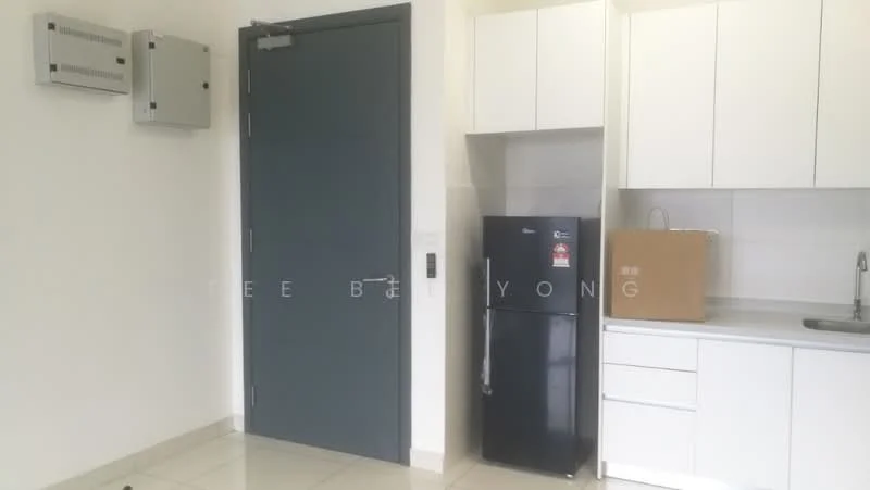 Kitchen features: white cabinetry, stainless-steel sink, chrome faucet, black fridge, countertop, wall-mounted electrical panel, tile flooring, grey door; style: modern.