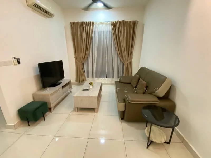 Living features: 3-seater fabric sofa in olive green, 2-seater leather sofa in brown, coffee table with light wood finish, side table with black base and glass top, TV console in light wood finish, wall-mounted flat-screen TV, floor-to-ceiling windows with sheer curtains, cream painted walls, white tiled flooring, 1 wall-mounted split AC, ceiling fan with light; style: modern.